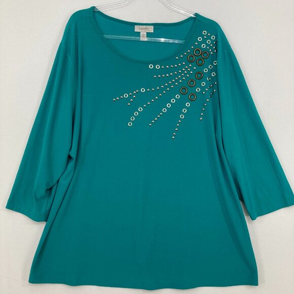 Dressbarn size 3X Blue Teal Embellished Artsy Stretch Knit 3/4 Sleeve Blouse - Picture 1 of 8